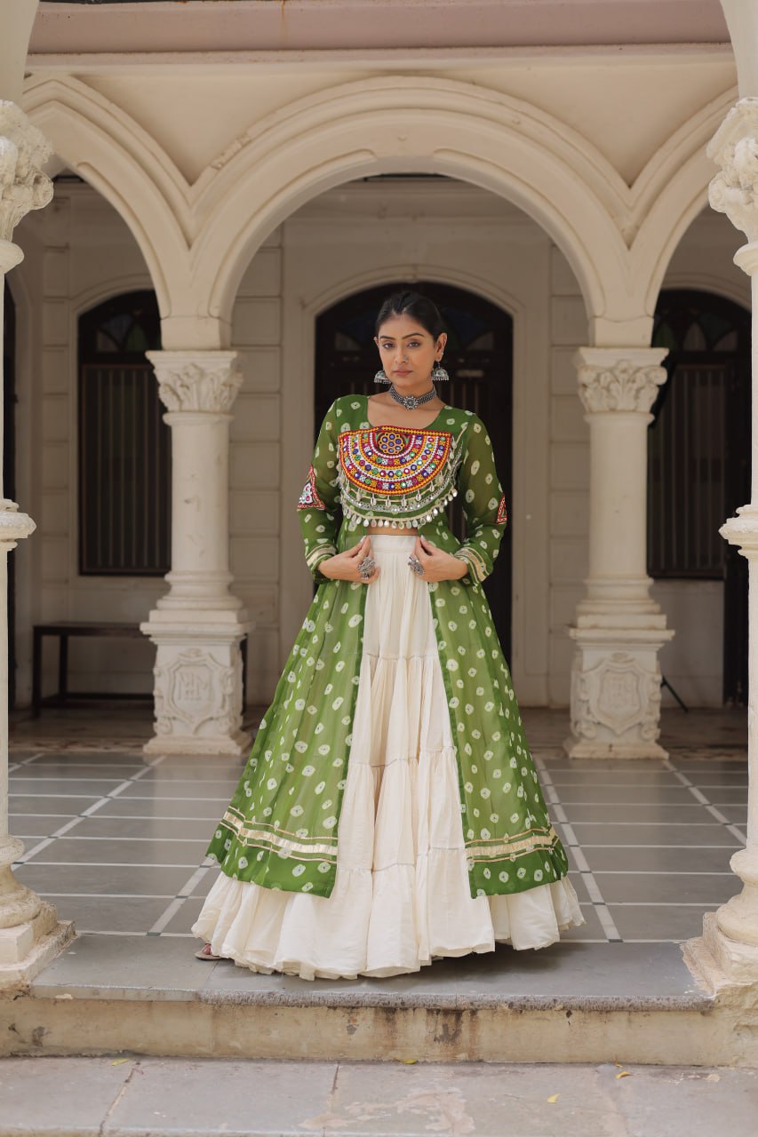 Green Navratri Special Bandhani Kurti with Kora Cotton Frill Lehenga Set – Full Stitched