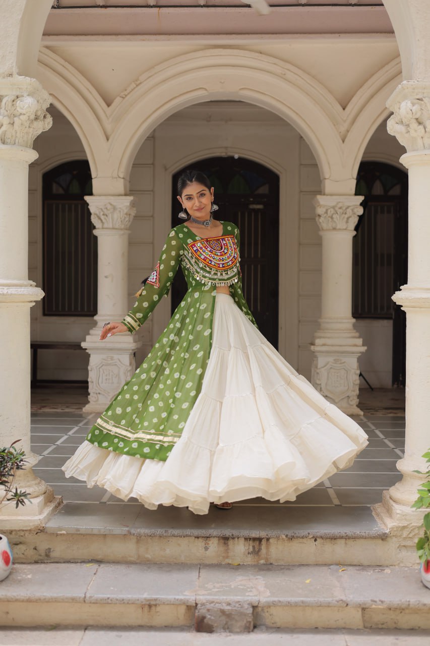Green Navratri Special Bandhani Kurti with Kora Cotton Frill Lehenga Set – Full Stitched