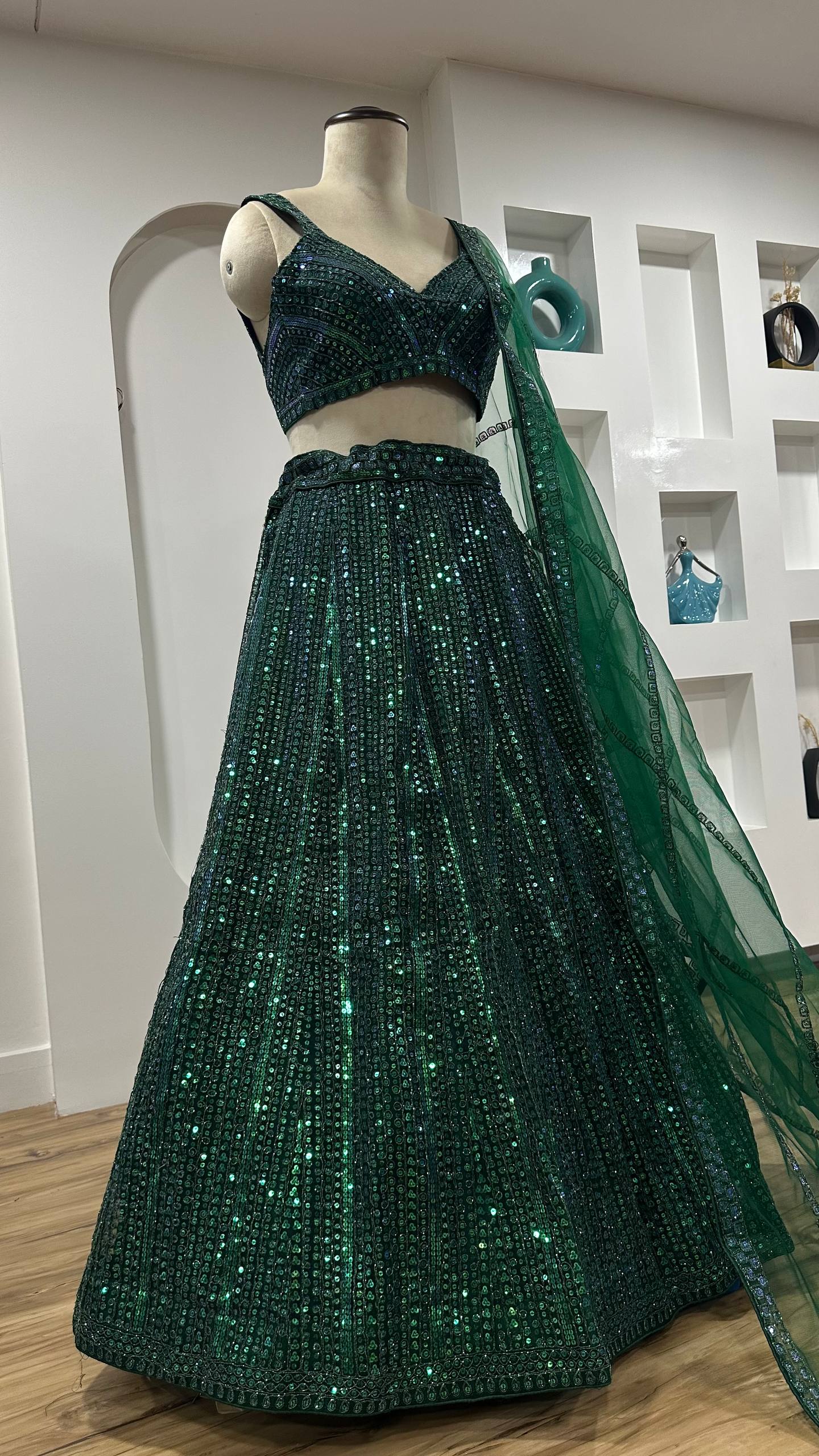 Green Net Lehenga Choli Set with Rainbow Sequins & Dori Work