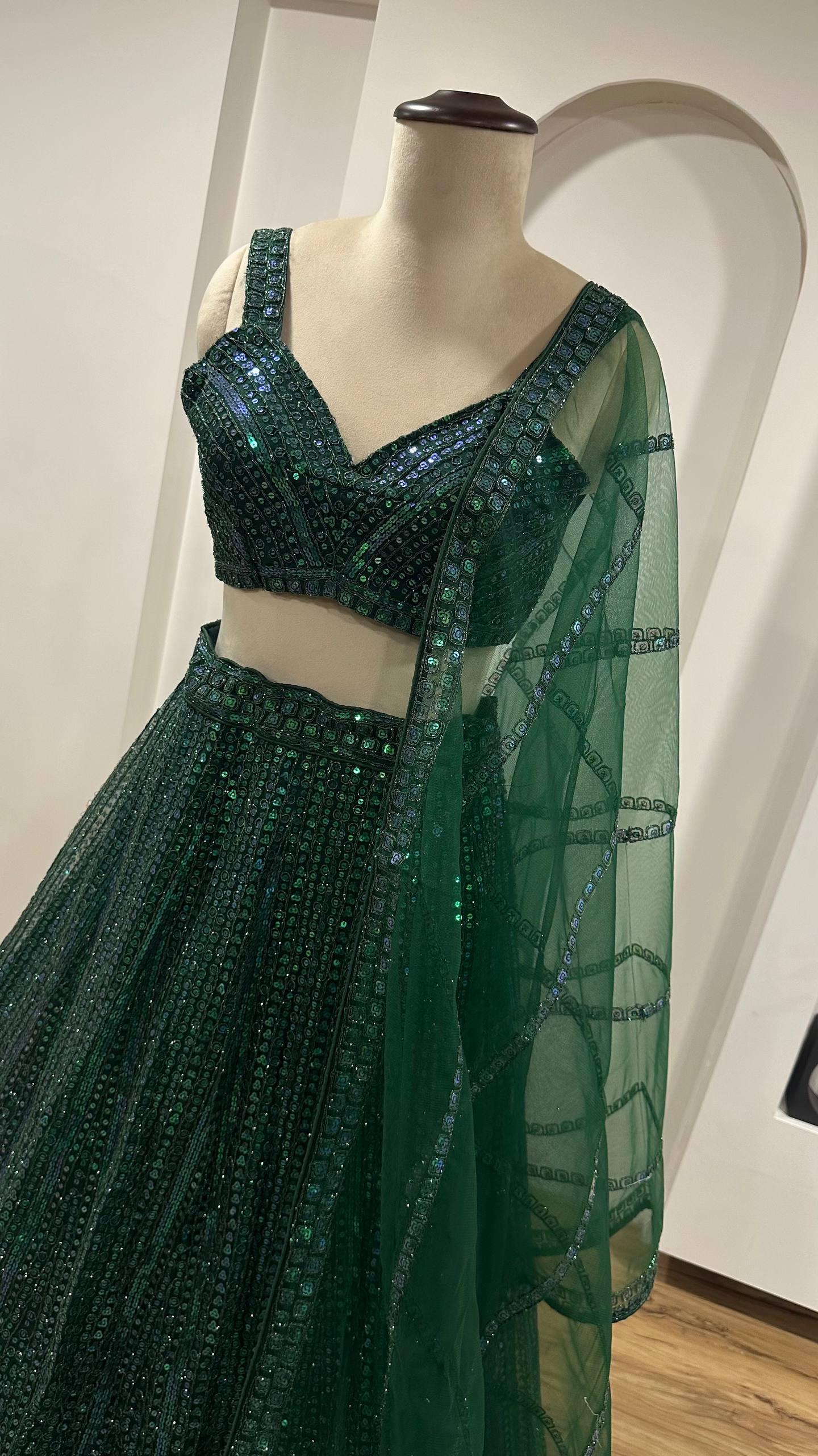 Green Net Lehenga Choli Set with Rainbow Sequins & Dori Work