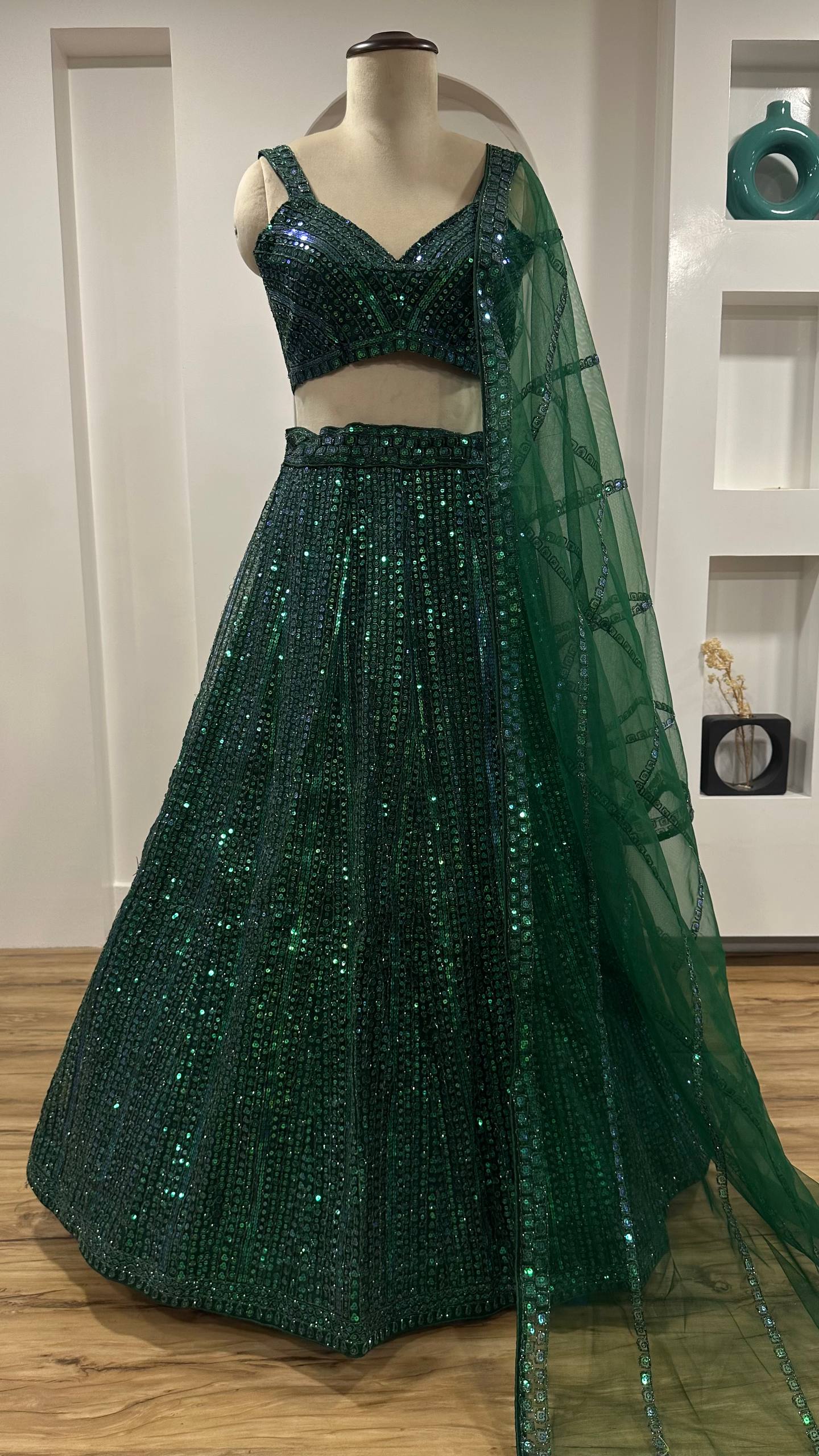 Green Net Lehenga Choli Set with Rainbow Sequins & Dori Work