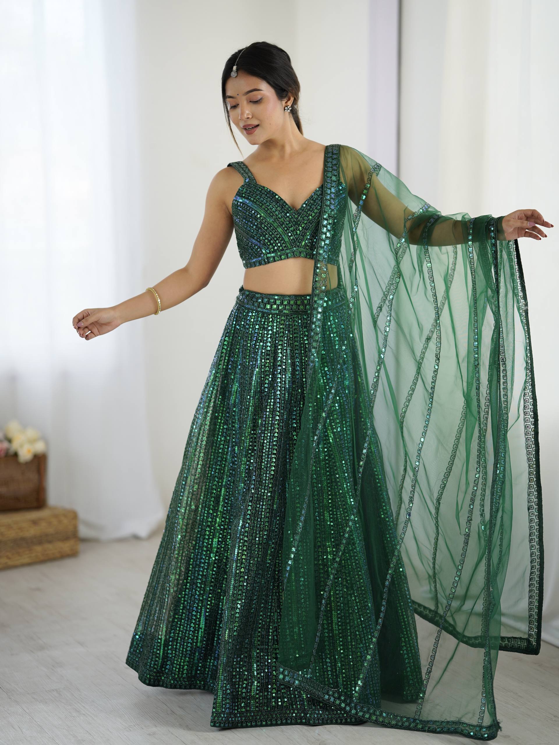 Green Net Lehenga Choli Set with Rainbow Sequins & Dori Work