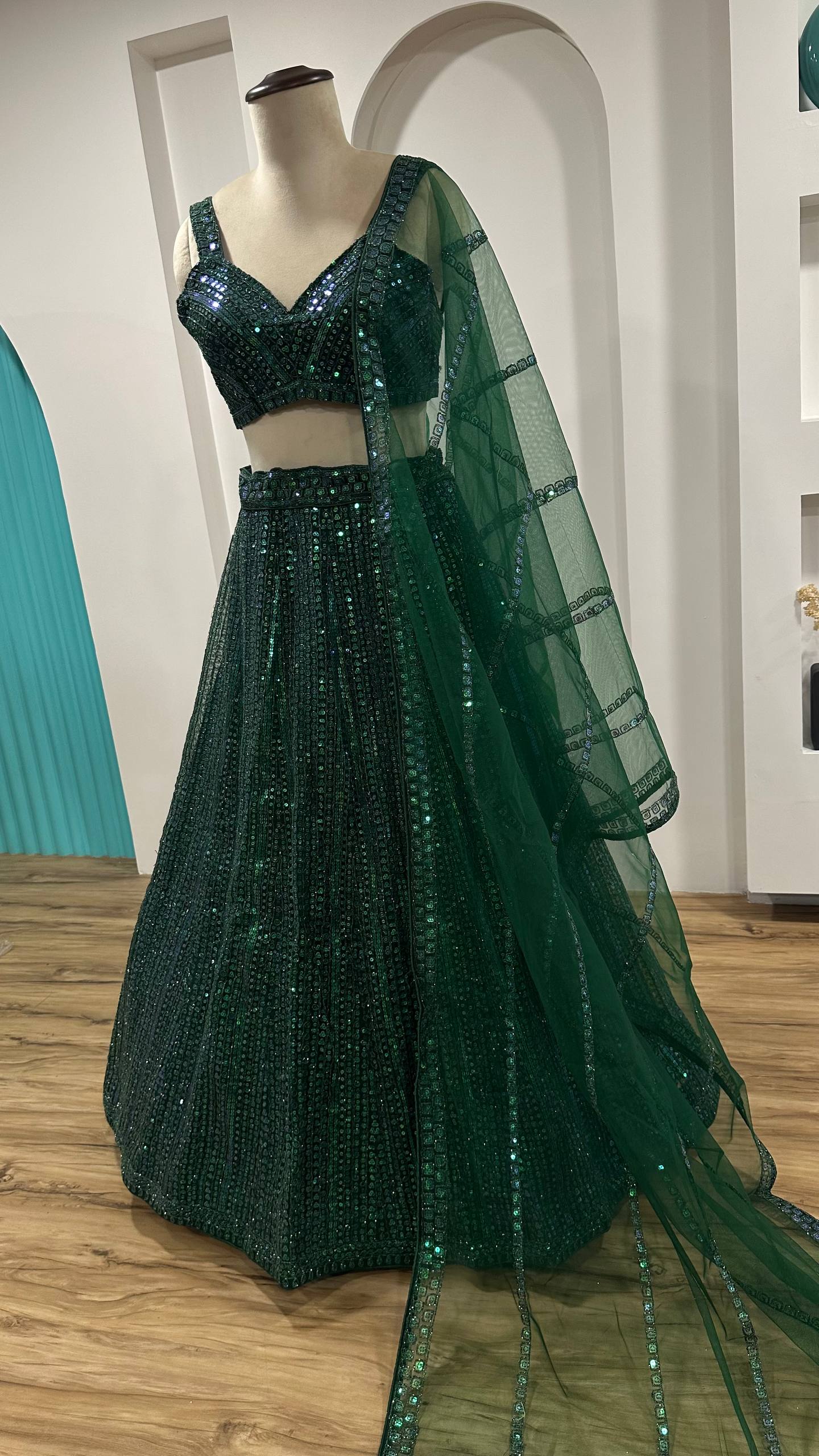 Green Net Lehenga Choli Set with Rainbow Sequins & Dori Work