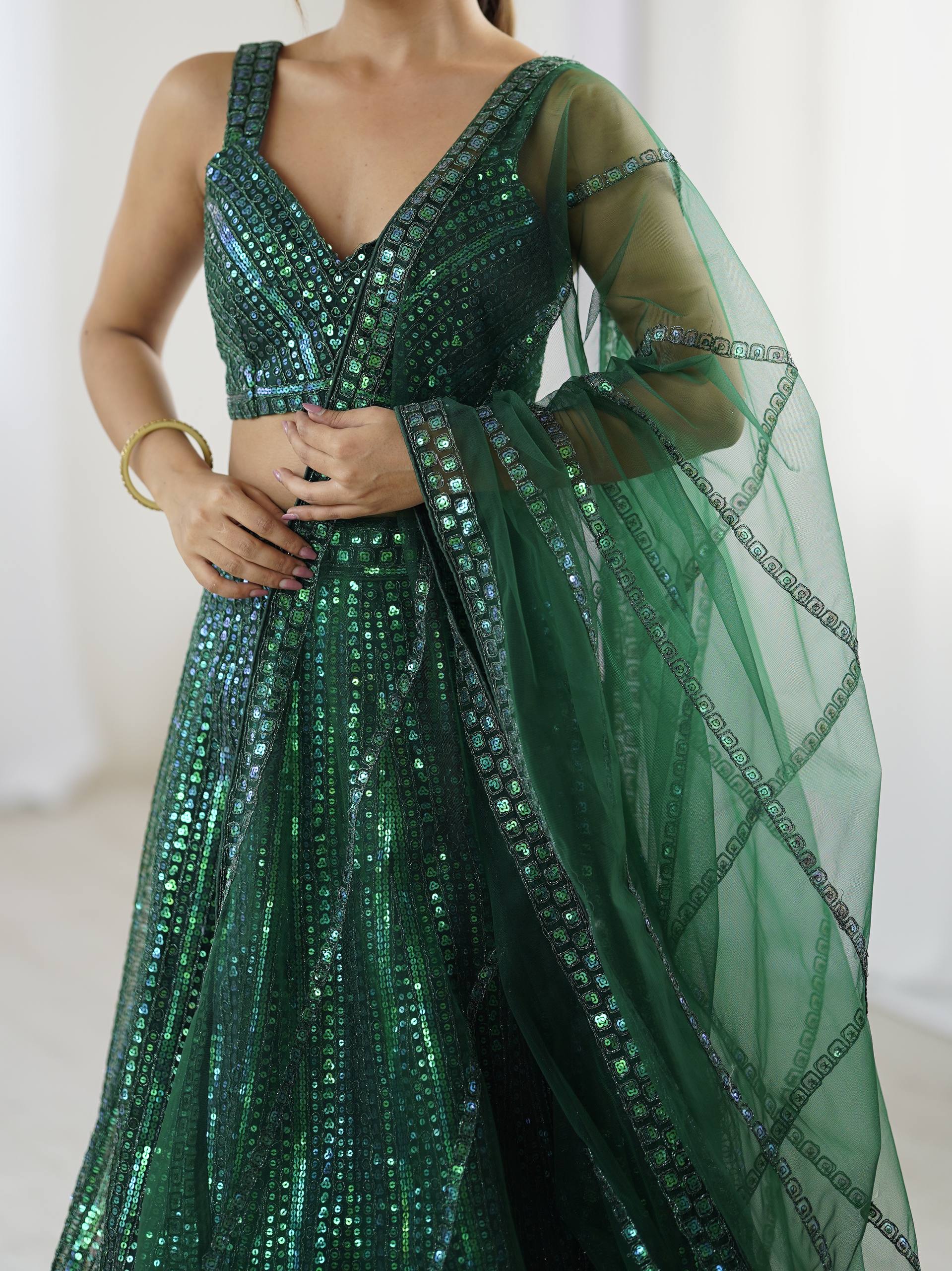 Green Net Lehenga Choli Set with Rainbow Sequins & Dori Work