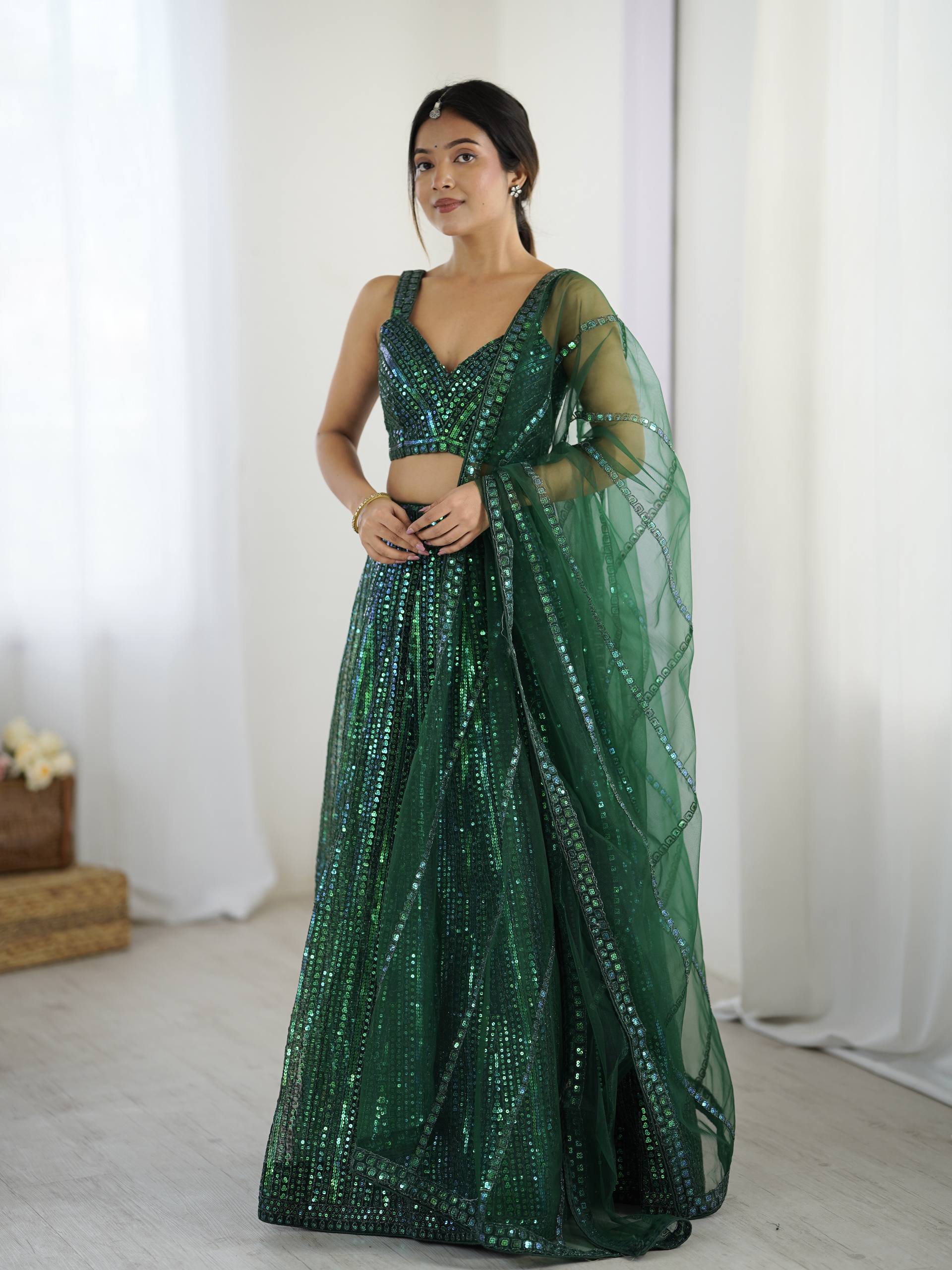 Green Net Lehenga Choli Set with Rainbow Sequins & Dori Work