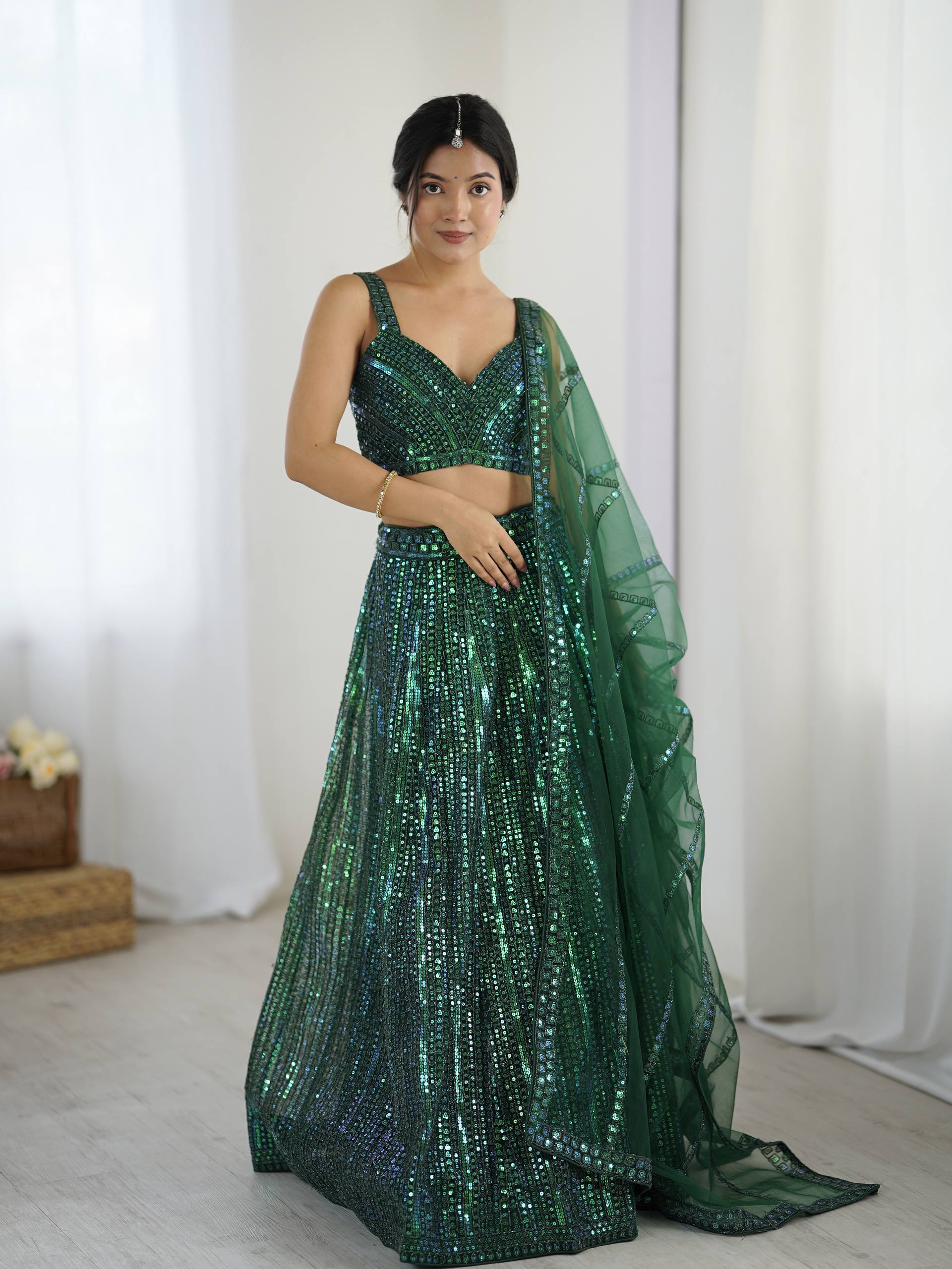 Green Net Lehenga Choli Set with Rainbow Sequins & Dori Work