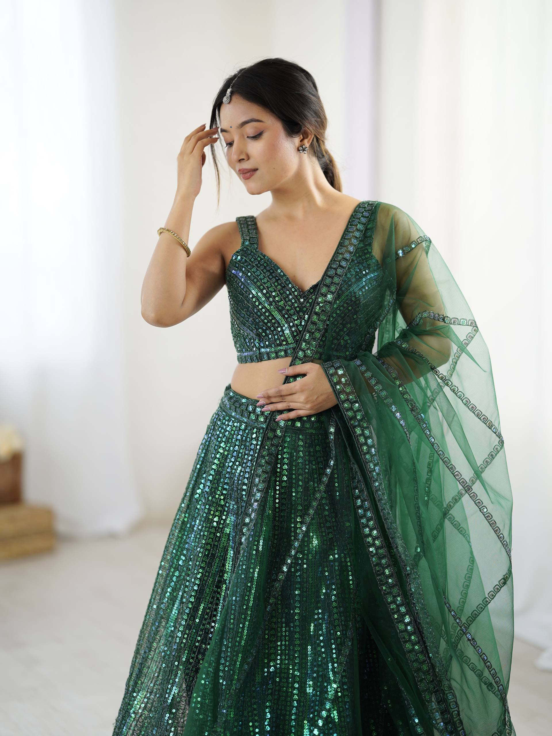 Green Net Lehenga Choli Set with Rainbow Sequins & Dori Work