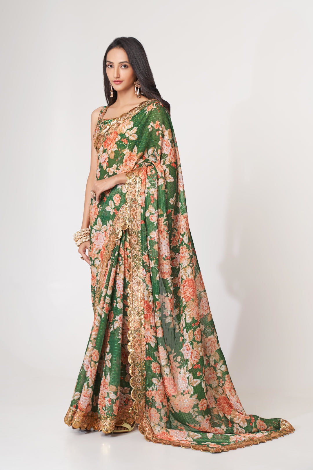 Green Organza Saree with Sequin Embroidery and Digital Print