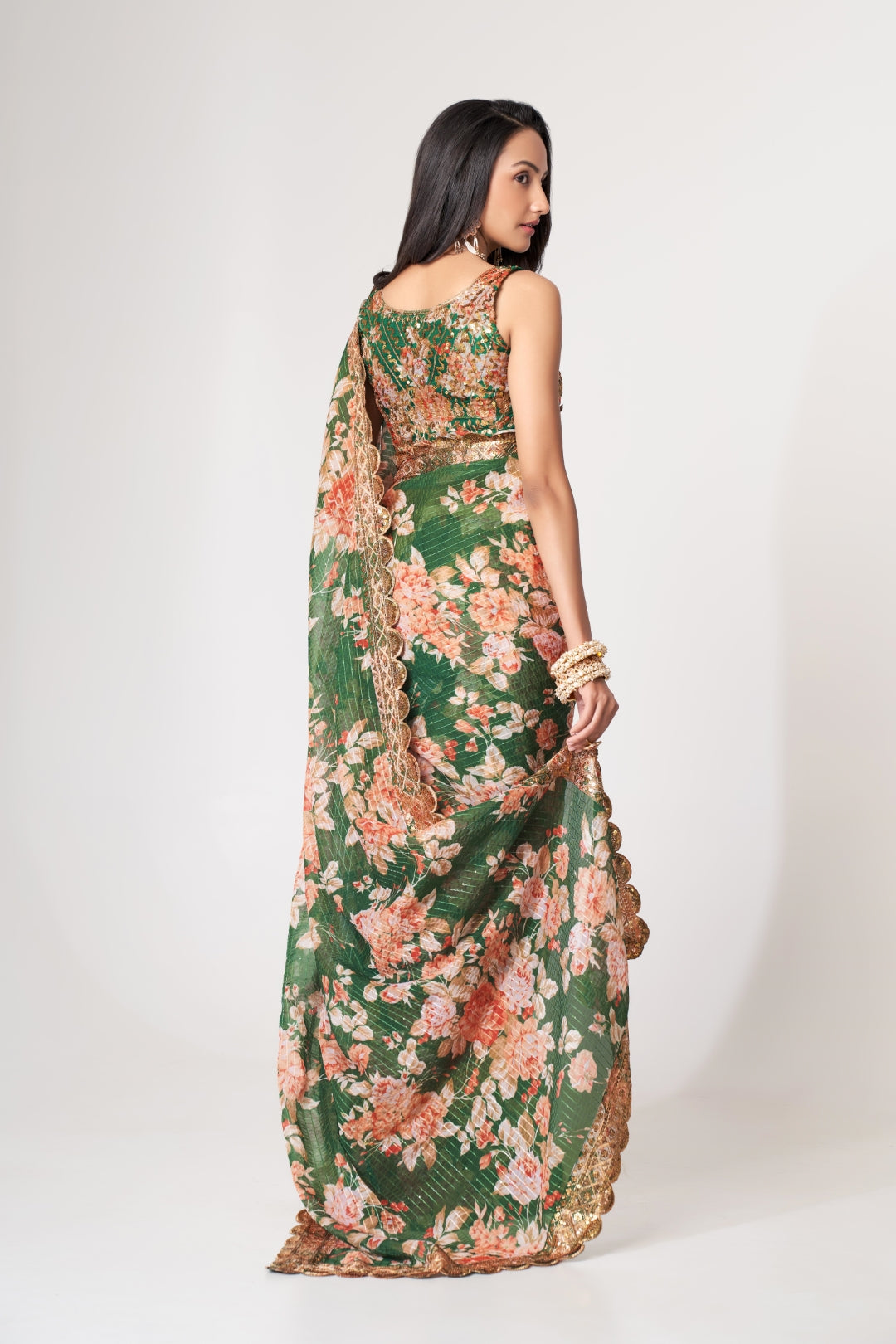 Green Organza Saree with Sequin Embroidery and Digital Print