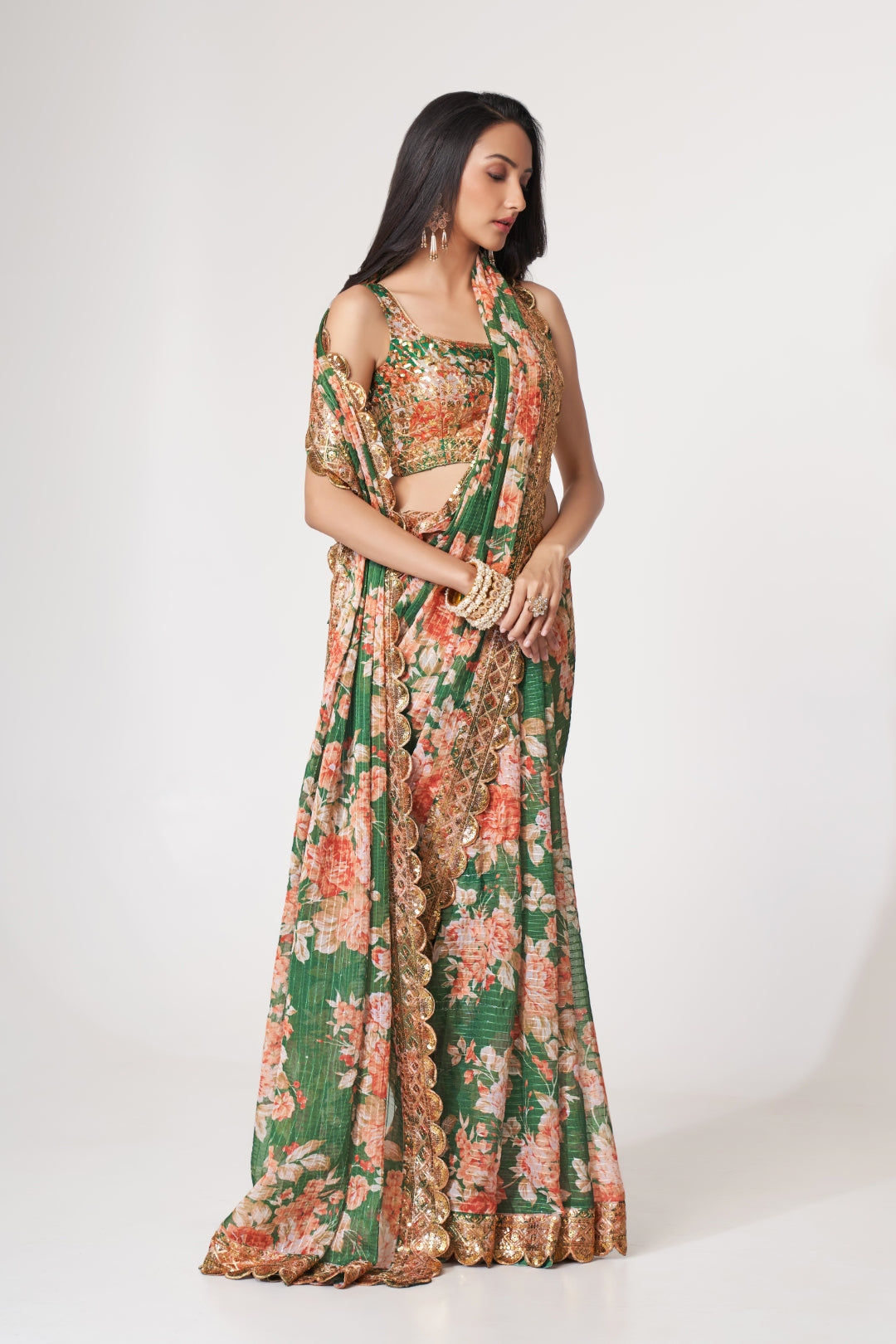 Green Organza Saree with Sequin Embroidery and Digital Print