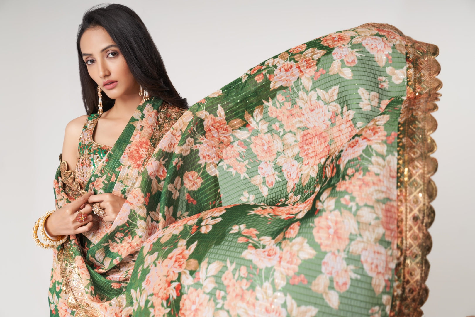 Green Organza Saree with Sequin Embroidery and Digital Print