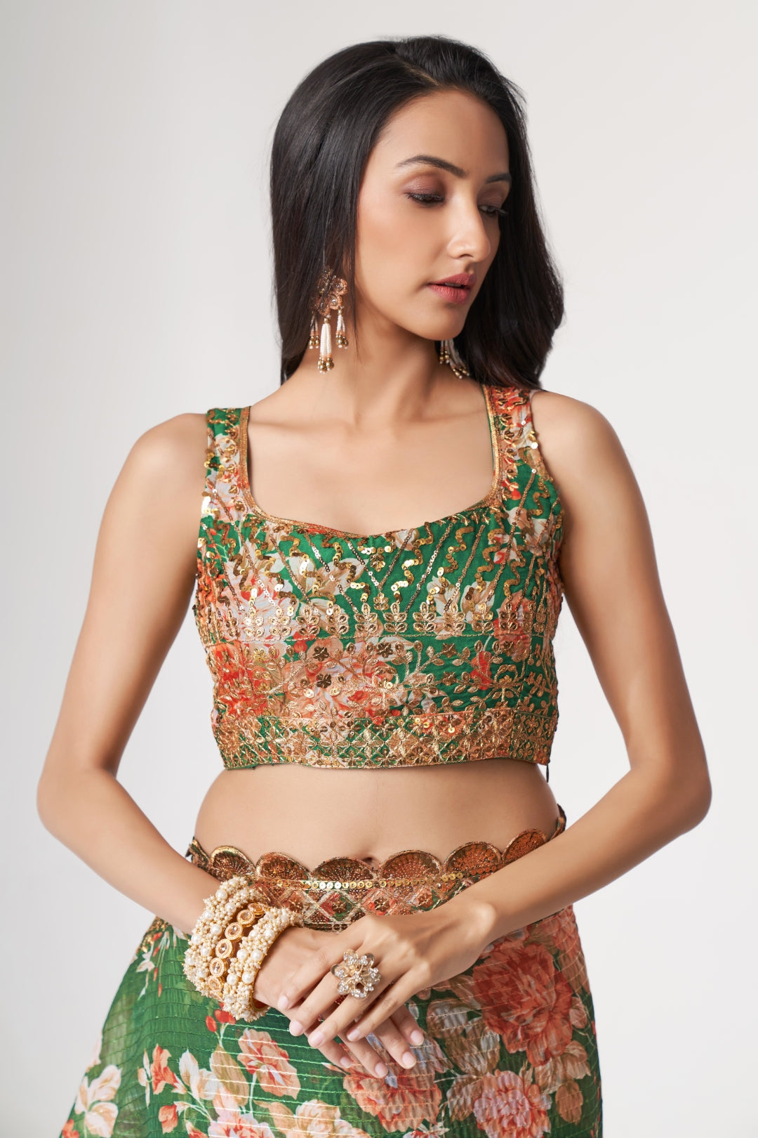 Green Organza Saree with Sequin Embroidery and Digital Print