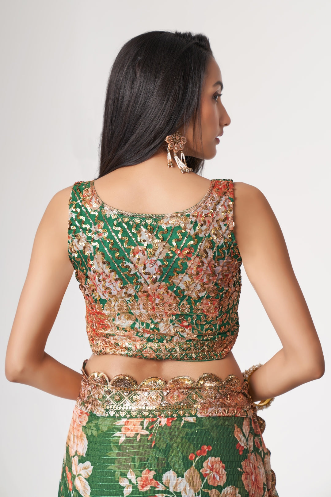Green Organza Saree with Sequin Embroidery and Digital Print