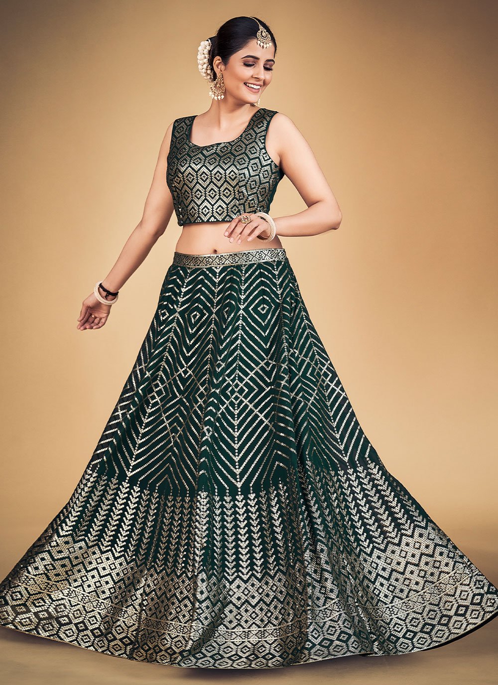 Green Pakistani Georgette Lehenga Choli For Indian Festivals & Weddings - Sequence Embroidery Work,
