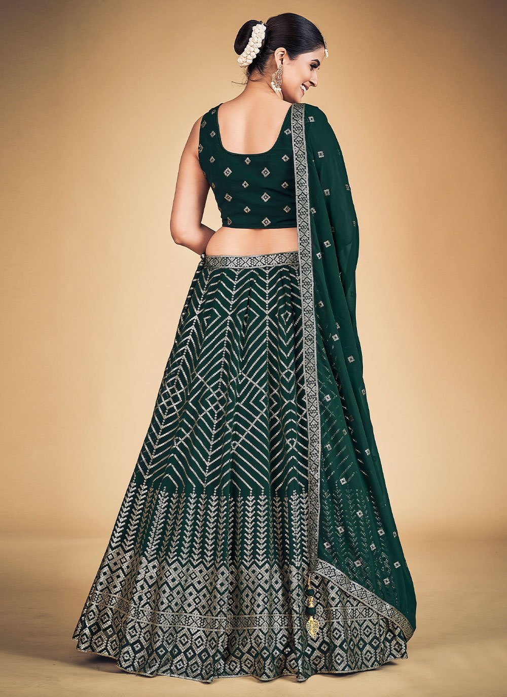 Green Pakistani Georgette Lehenga Choli For Indian Festivals & Weddings - Sequence Embroidery Work,