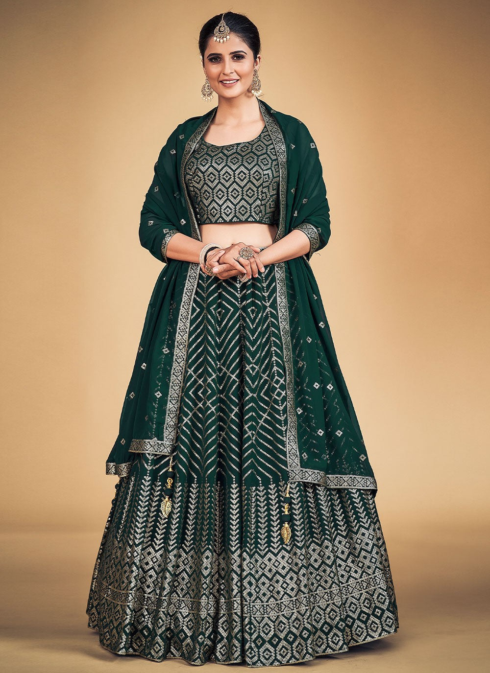 Green Pakistani Georgette Lehenga Choli For Indian Festivals & Weddings - Sequence Embroidery Work,