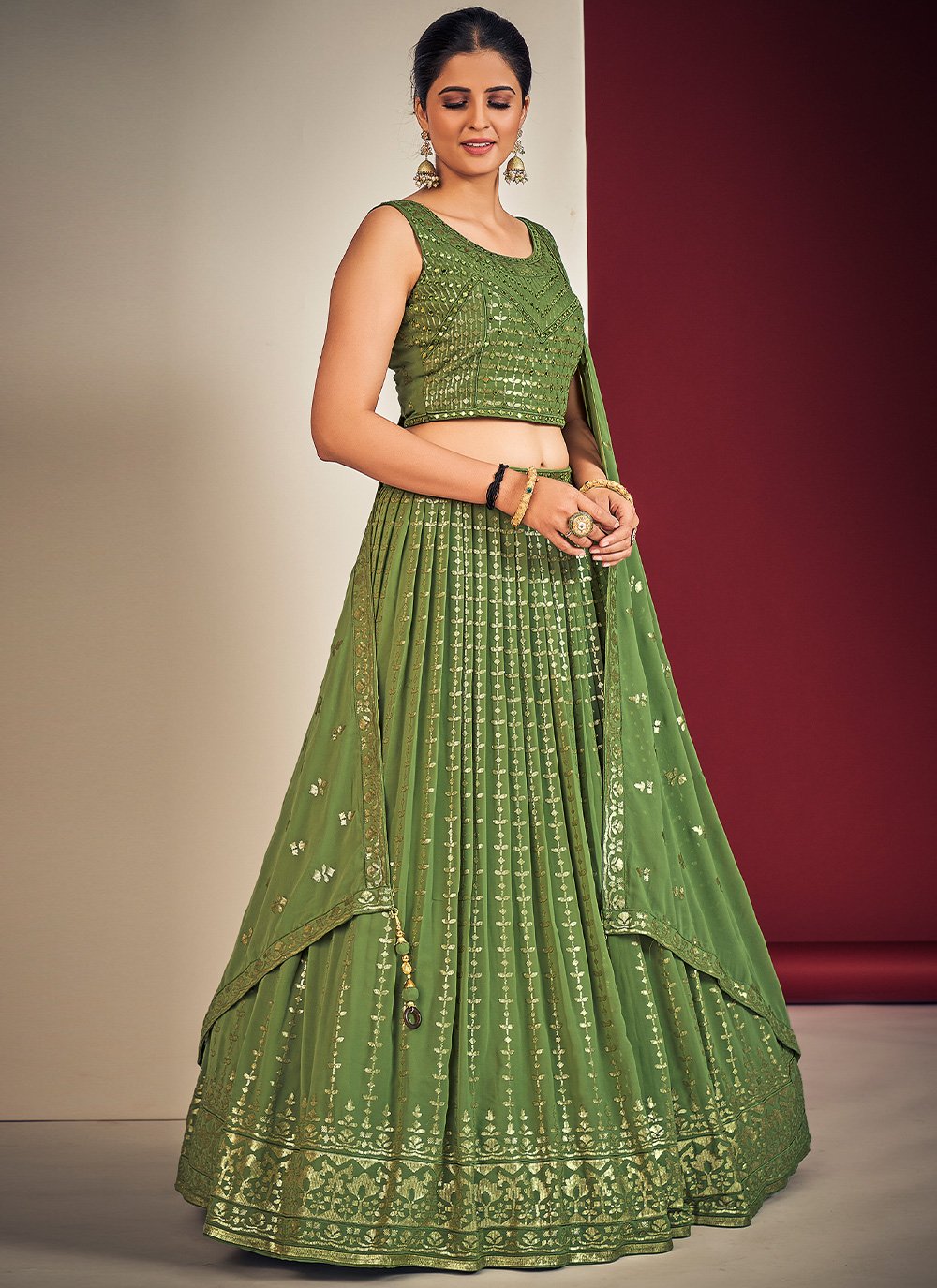 Green Pakistani Georgette Lehenga Choli For Indian Festivals & Weddings - Sequence Embroidery Work, Mirror Work
