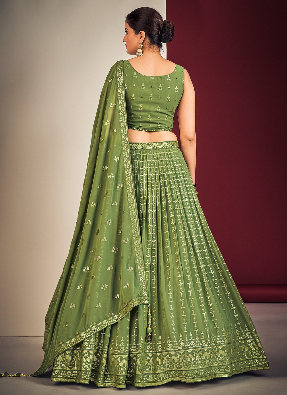 Green Pakistani Georgette Lehenga Choli For Indian Festivals & Weddings - Sequence Embroidery Work, Mirror Work