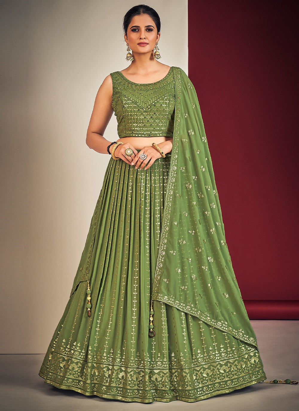 Green Pakistani Georgette Lehenga Choli For Indian Festivals & Weddings - Sequence Embroidery Work, Mirror Work