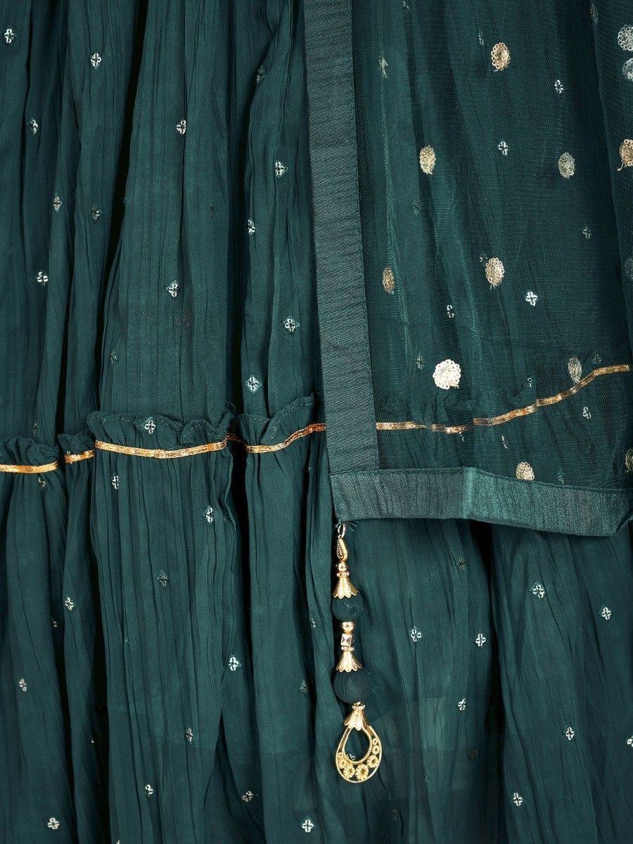 Green Pakistani Georgette Lehenga Choli For Indian Festivals & Weddings - Sequence Embroidery Work, Thread Embroidery Work, Mirror Work