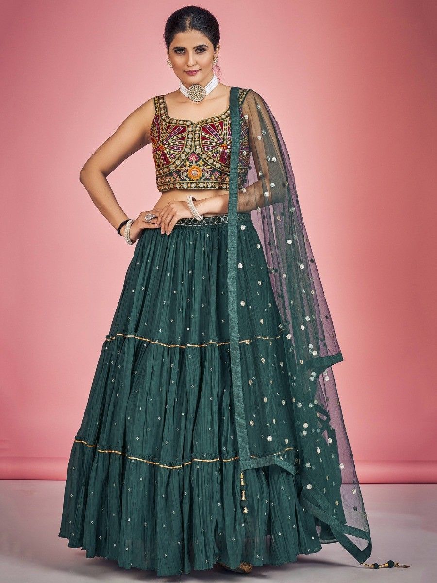 Green Pakistani Georgette Lehenga Choli For Indian Festivals & Weddings - Sequence Embroidery Work, Thread Embroidery Work, Mirror Work