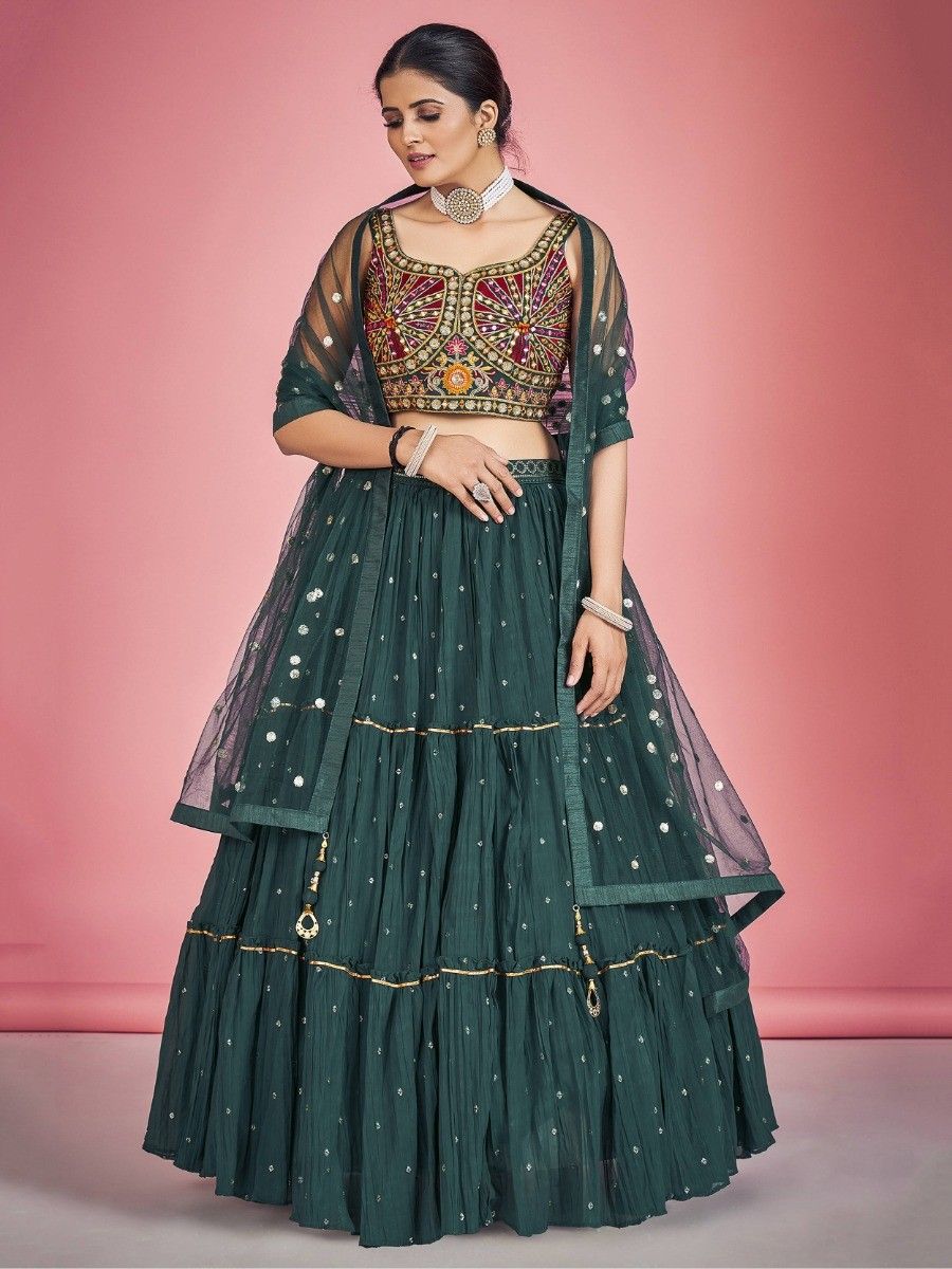 Green Pakistani Georgette Lehenga Choli For Indian Festivals & Weddings - Sequence Embroidery Work, Thread Embroidery Work, Mirror Work