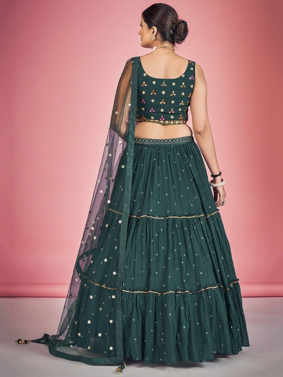 Green Pakistani Georgette Lehenga Choli For Indian Festivals & Weddings - Sequence Embroidery Work, Thread Embroidery Work, Mirror Work