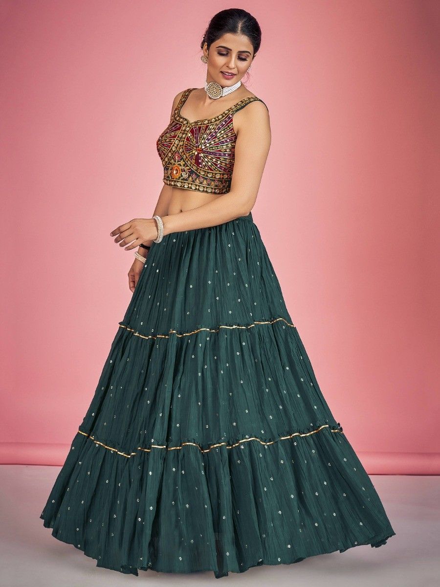 Green Pakistani Georgette Lehenga Choli For Indian Festivals & Weddings - Sequence Embroidery Work, Thread Embroidery Work, Mirror Work