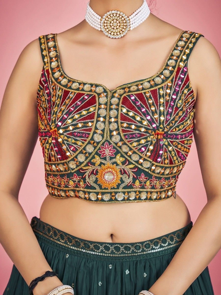 Green Pakistani Georgette Lehenga Choli For Indian Festivals & Weddings - Sequence Embroidery Work, Thread Embroidery Work, Mirror Work