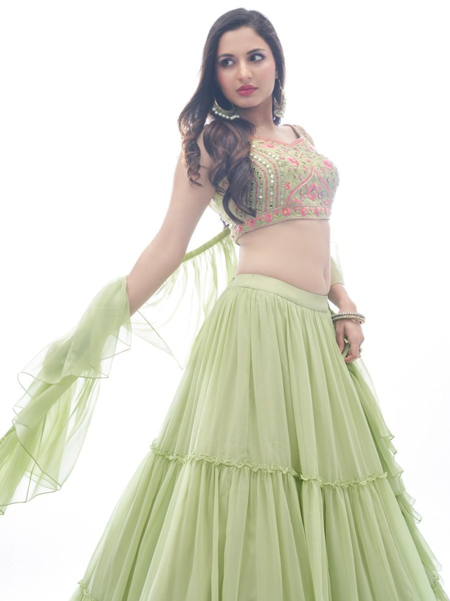 Green Plain Ruffle / Frill Georgette Partywear Lehenga with Frill / Ruffle Dupatta - Embroidery Work