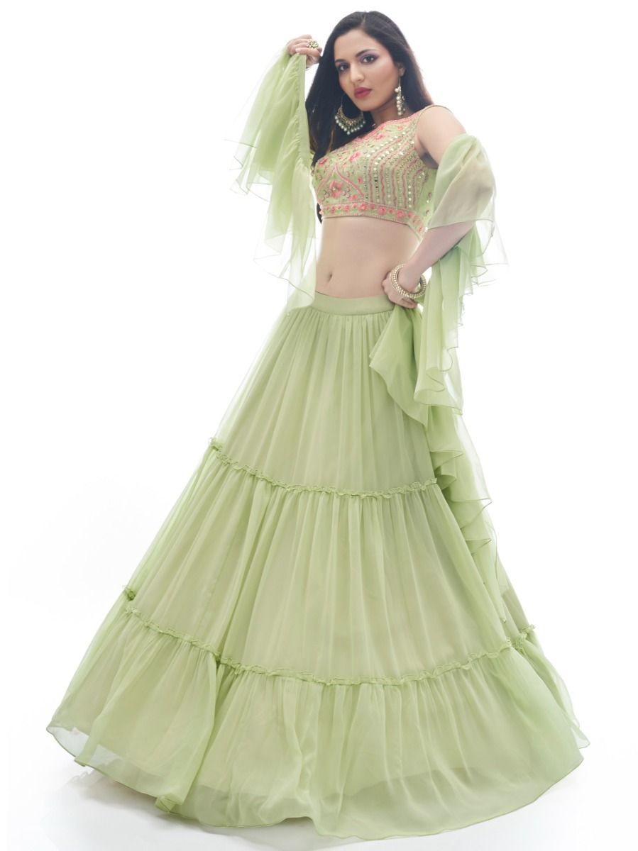 Green Plain Ruffle / Frill Georgette Partywear Lehenga with Frill / Ruffle Dupatta - Embroidery Work