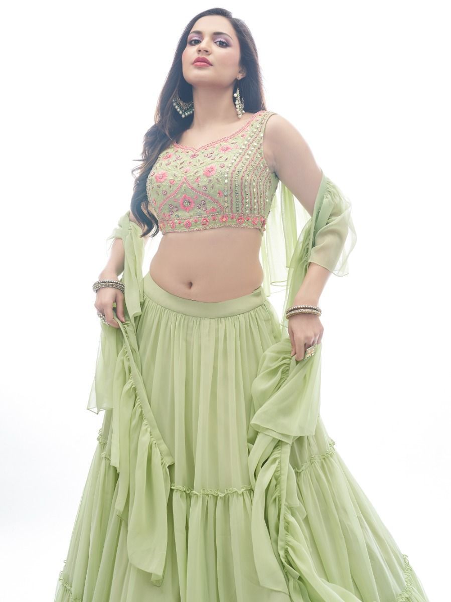 Green Plain Ruffle / Frill Georgette Partywear Lehenga with Frill / Ruffle Dupatta - Embroidery Work