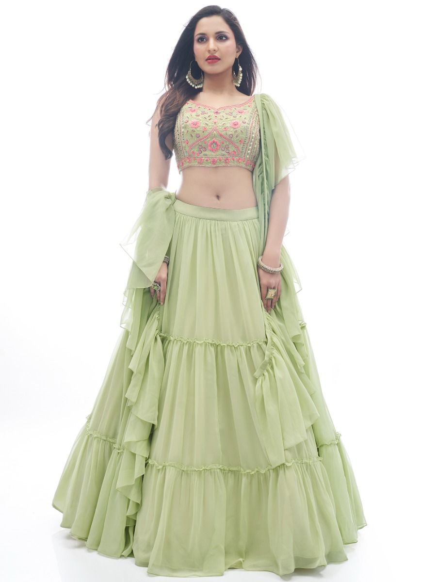 Green Plain Ruffle / Frill Georgette Partywear Lehenga with Frill / Ruffle Dupatta - Embroidery Work