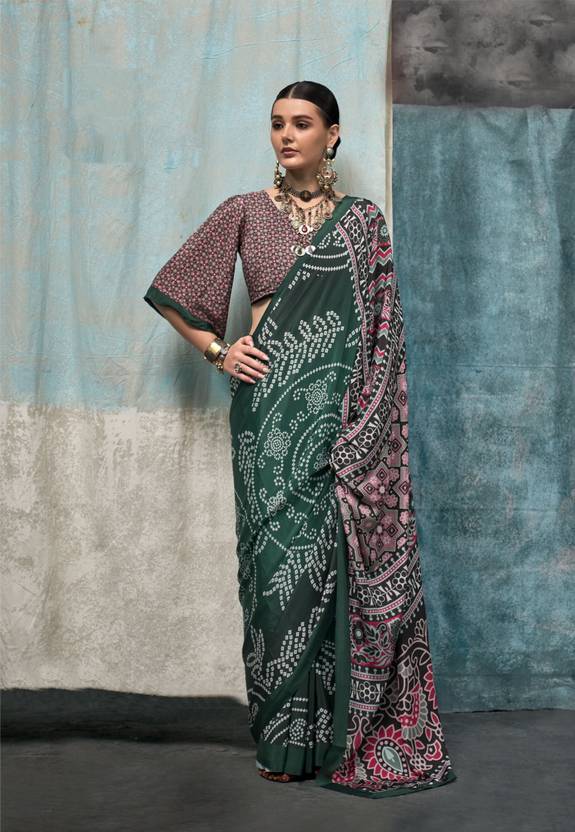 Green Printed Chanderi Crepe Saree with Unstitched Blouse