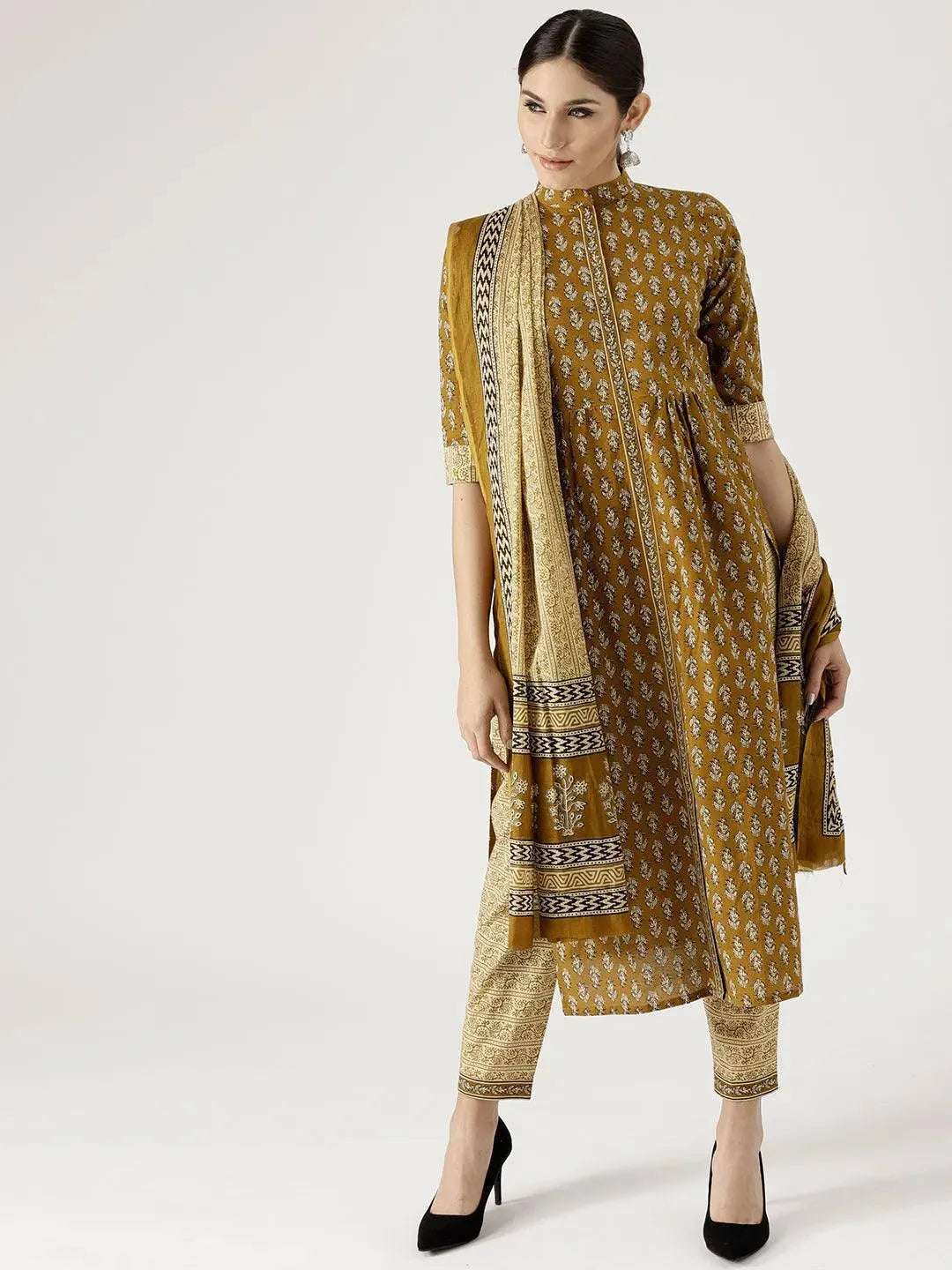 Anouk Green Printed Cotton A-Line Kurta With Dupatta