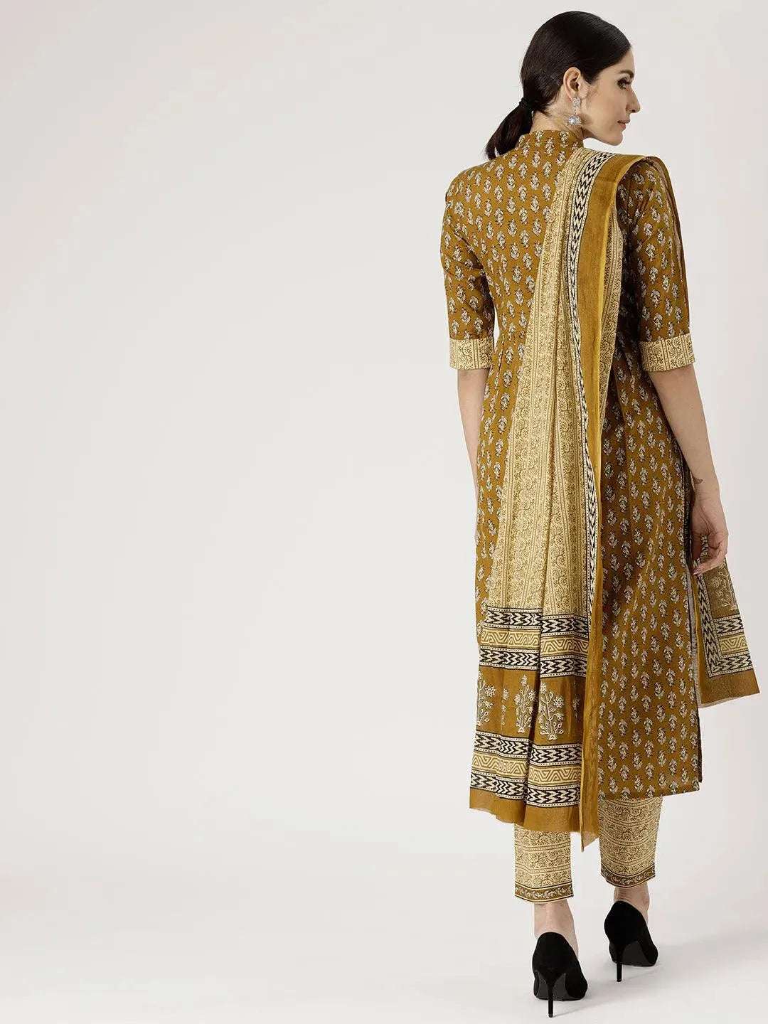 Anouk Green Printed Cotton A-Line Kurta With Dupatta