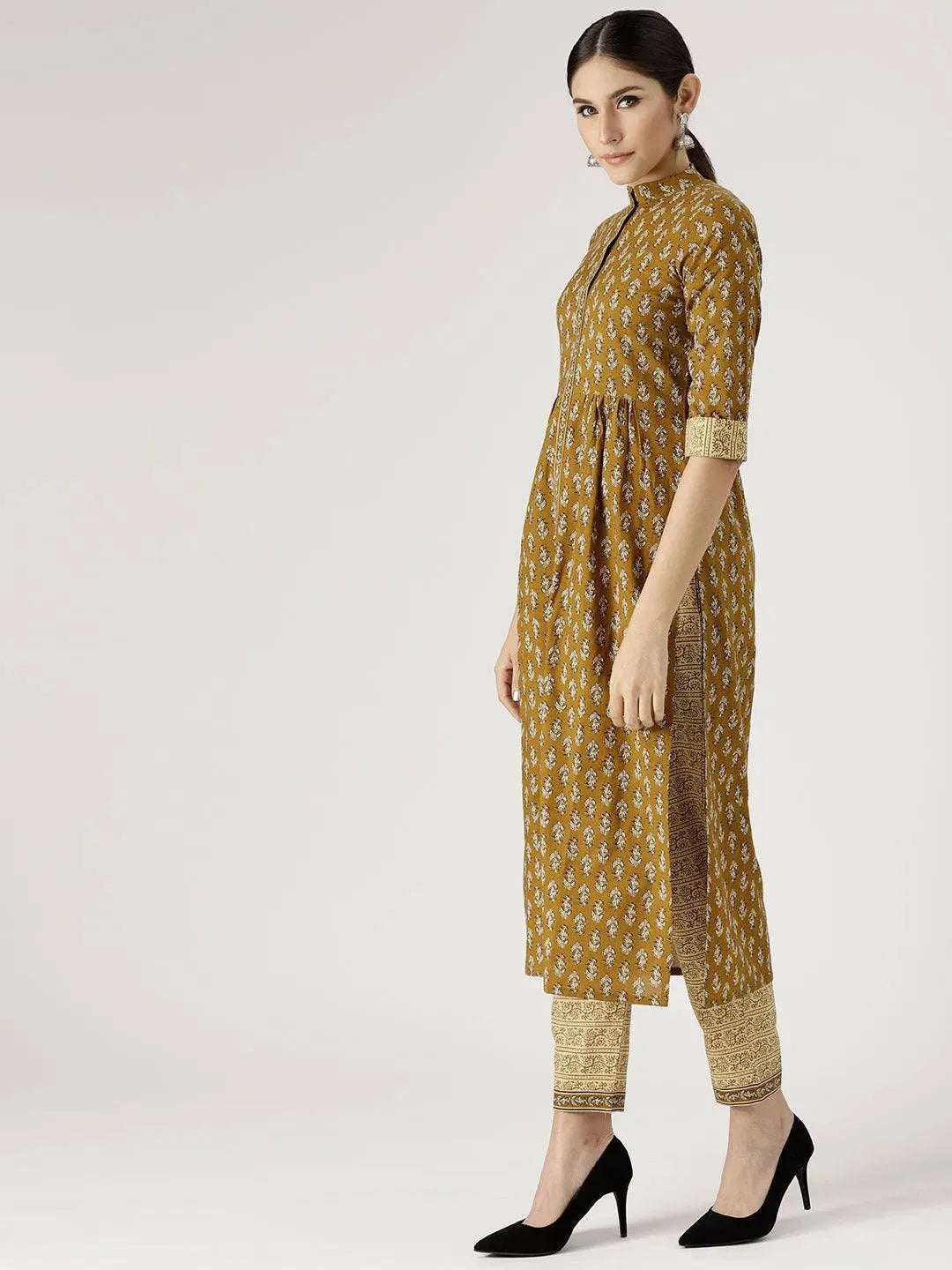 Anouk Green Printed Cotton A-Line Kurta With Dupatta