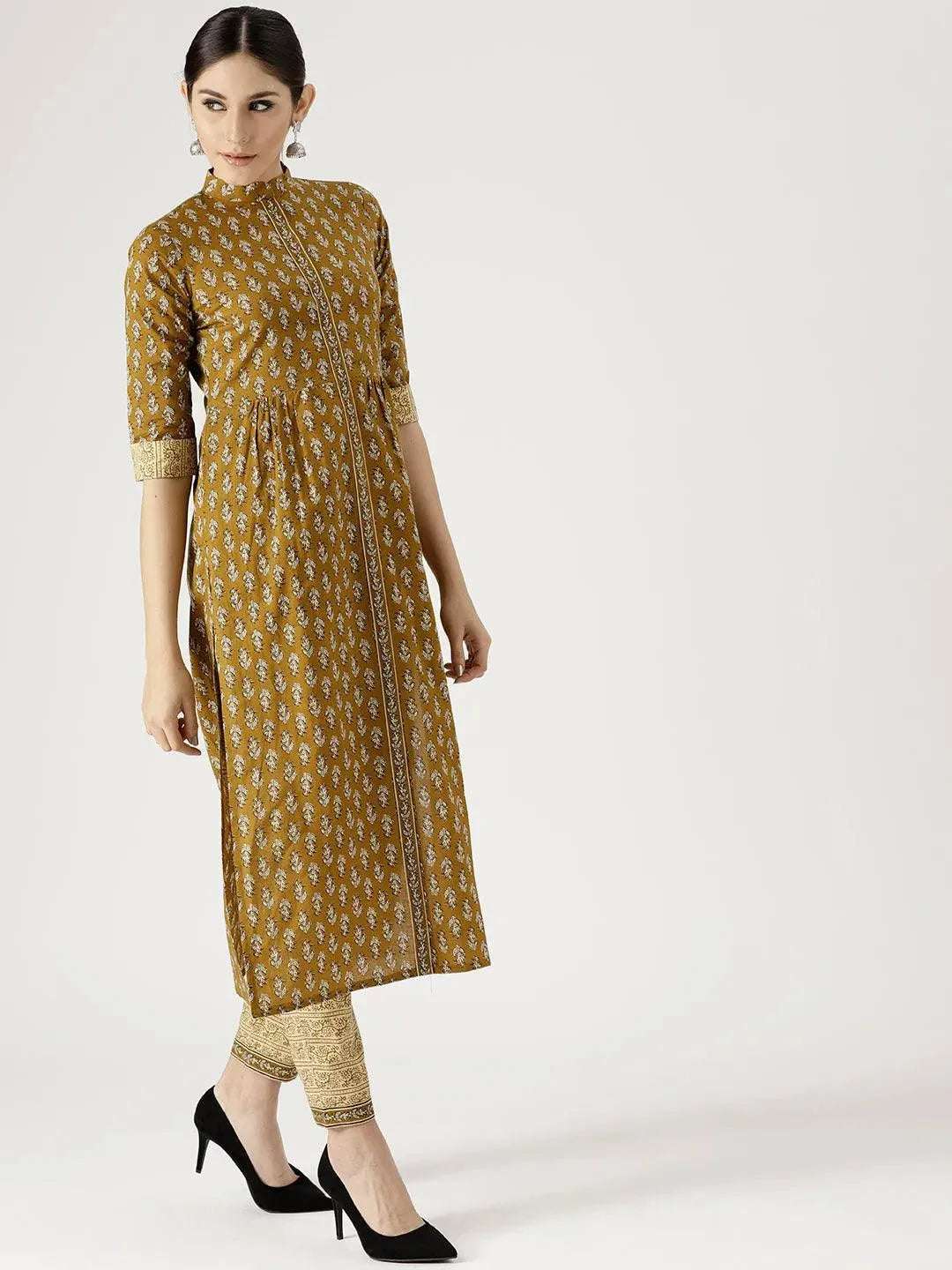 Anouk Green Printed Cotton A-Line Kurta With Dupatta