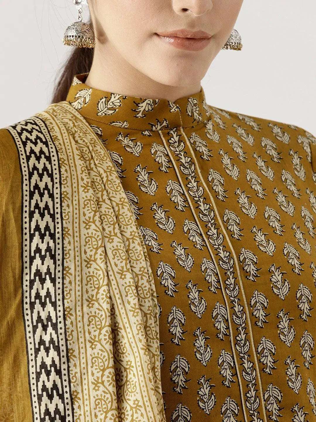 Anouk Green Printed Cotton A-Line Kurta With Dupatta