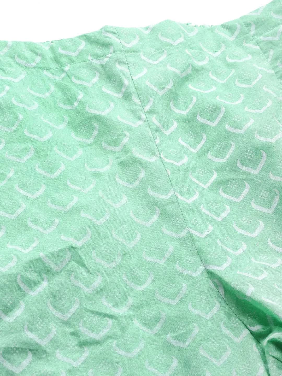 Anouk Green Printed Cotton A-Line Kurta With Palazzos