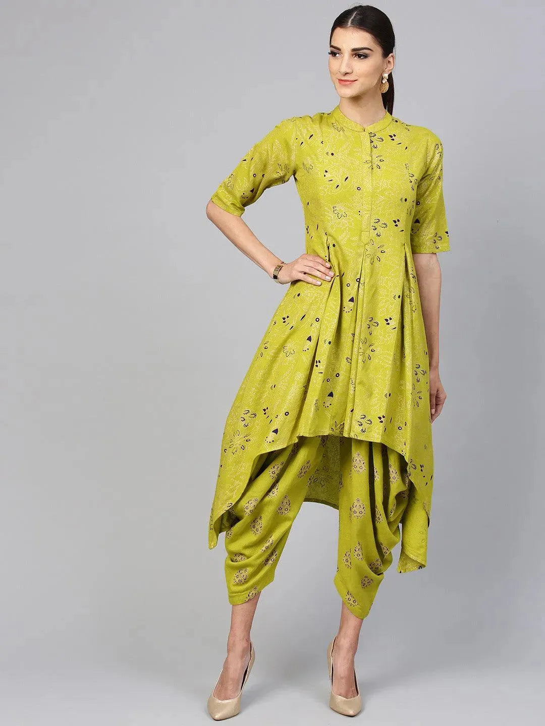 Anouk Green Printed Cotton A-Line Kurta With Salwar