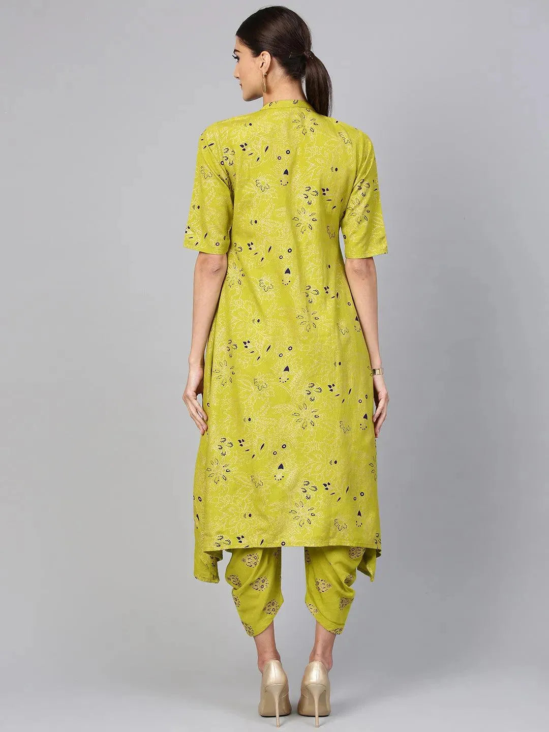 Anouk Green Printed Cotton A-Line Kurta With Salwar