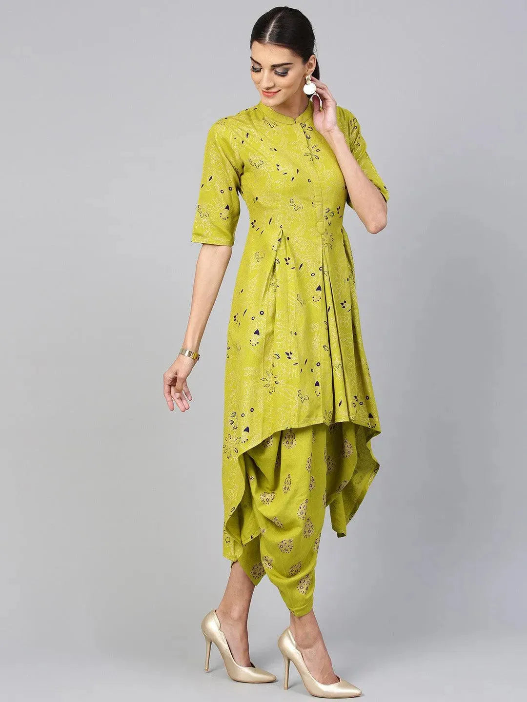 Anouk Green Printed Cotton A-Line Kurta With Salwar