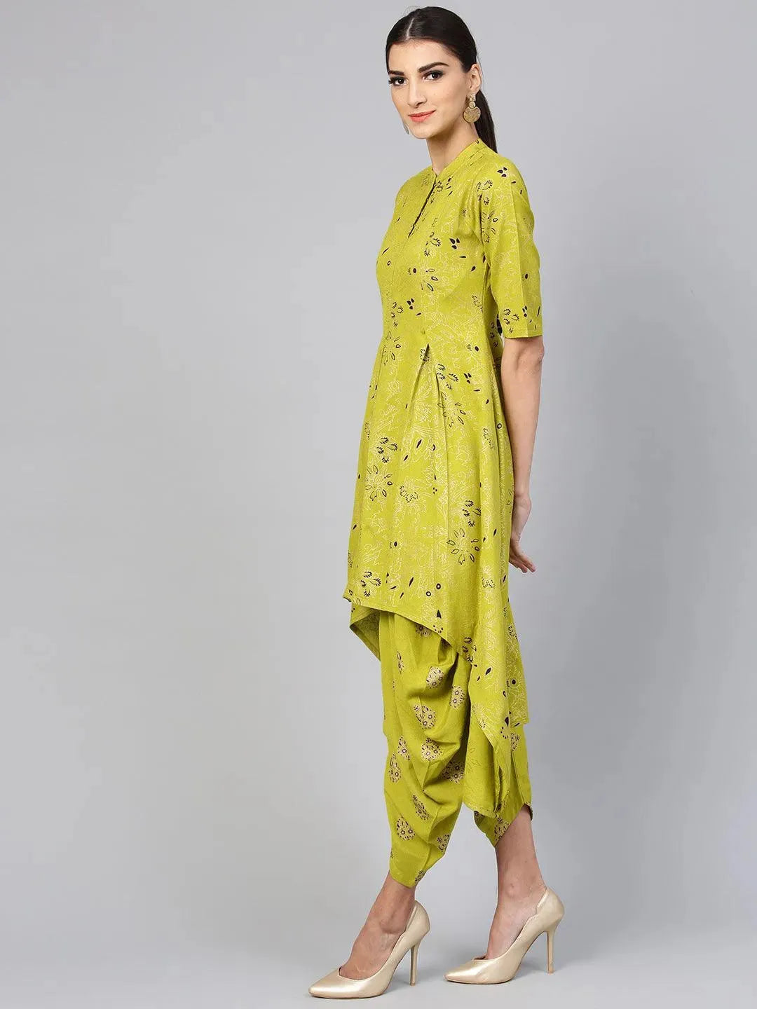 Anouk Green Printed Cotton A-Line Kurta With Salwar