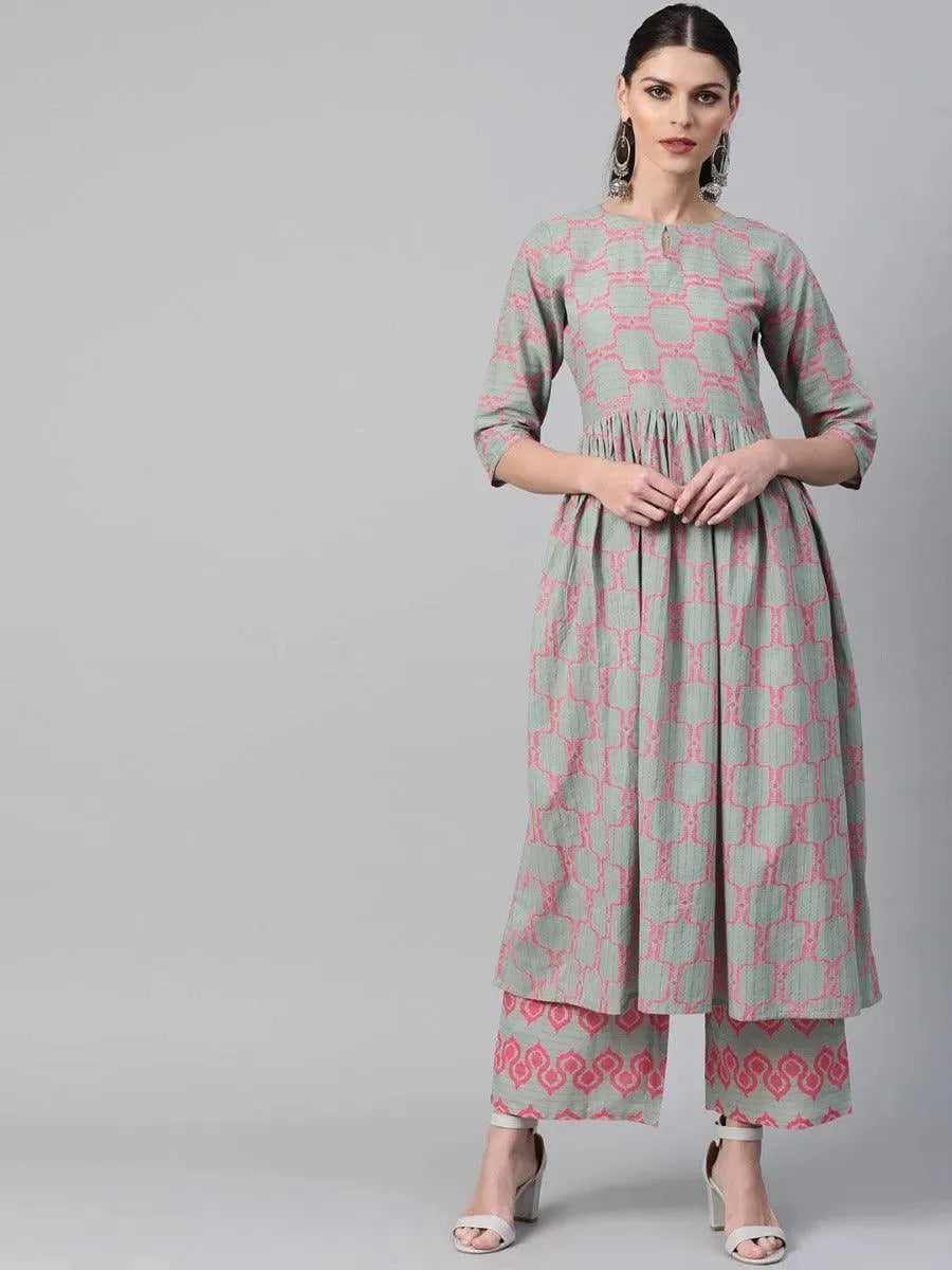 Anouk Green Printed Cotton A-Line Kurta With Trousers