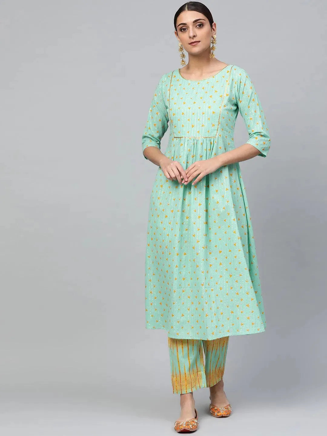 Anouk Green Printed Cotton A-Line Kurta With Trousers