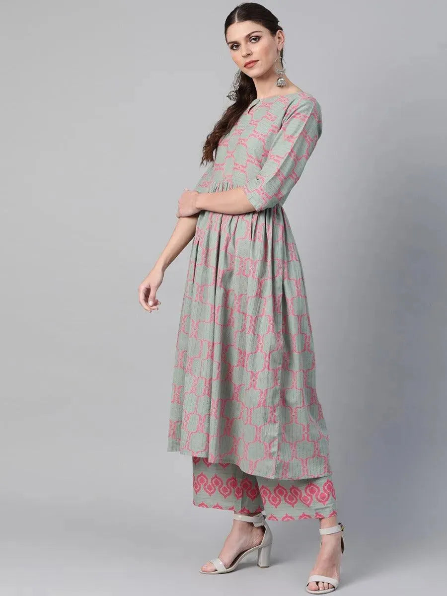 Anouk Green Printed Cotton A-Line Kurta With Trousers