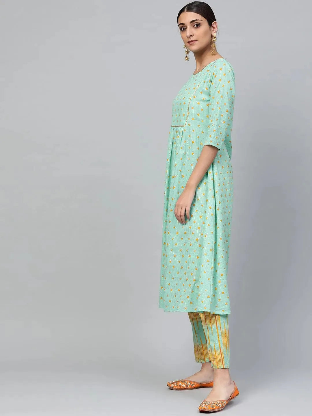 Anouk Green Printed Cotton A-Line Kurta With Trousers