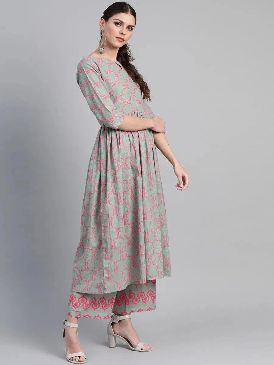 Anouk Green Printed Cotton A-Line Kurta With Trousers