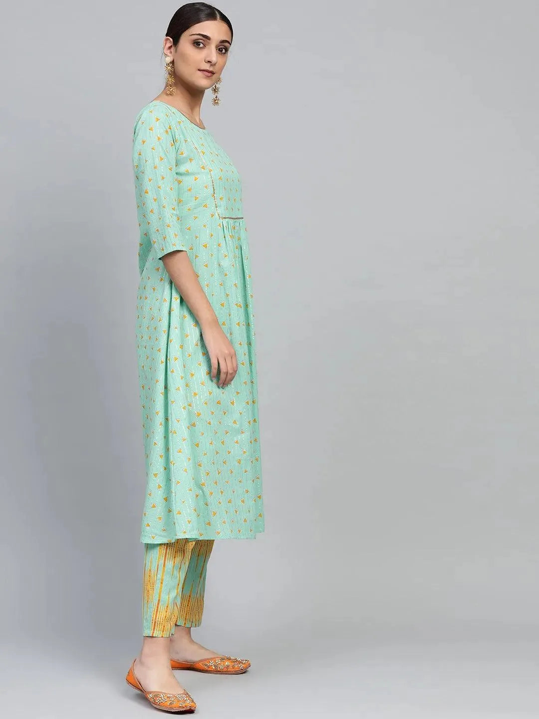Anouk Green Printed Cotton A-Line Kurta With Trousers
